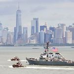 The Arleigh Burke-class of guided-missile destroyers USS Mitscher (DDG 57) transits Upper Bay during Fleet Week New York in 2018. (U.S. Coast Guard photo by Petty Officer 3rd Class Hunter Medley/Released)<br>